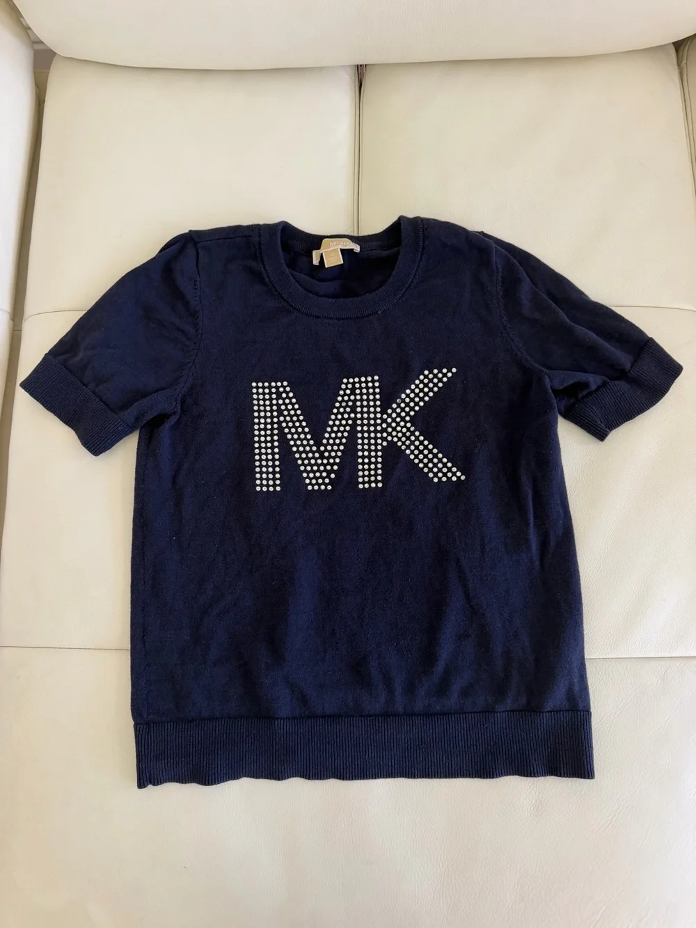 Michael Kors Navy Short Sleeve Knit Top with Studded MK Logo